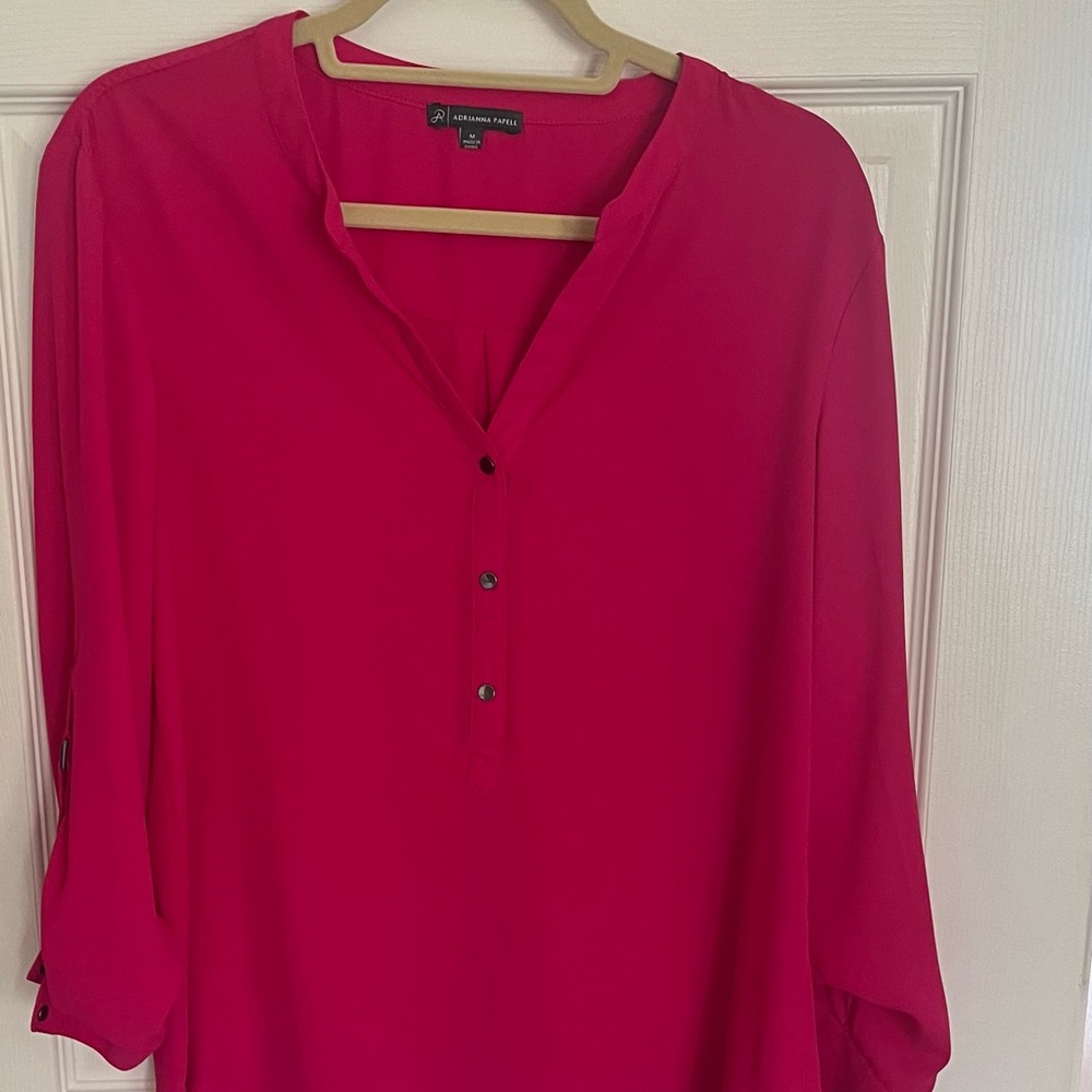 Adrianna Papell Fuchsia V-Neck Button Henley Blouse